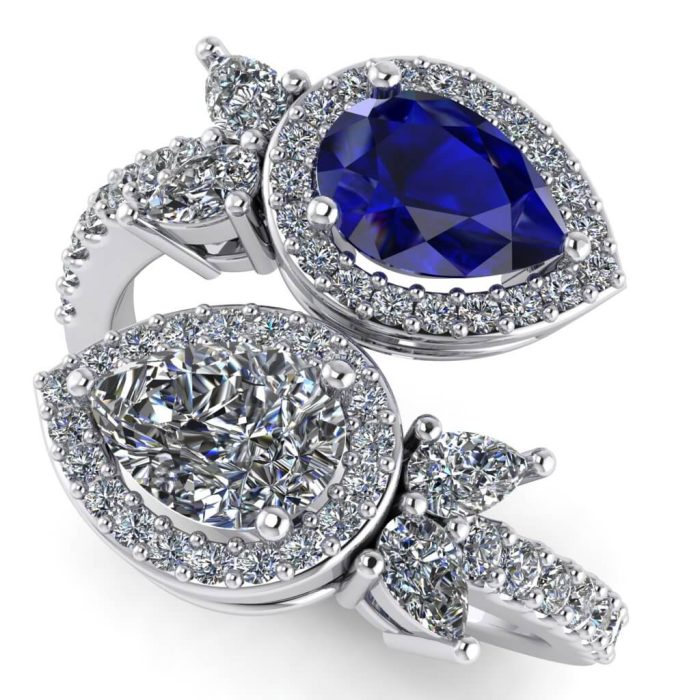 Inel cu safir si diamant lacrima halo dublu din aur luxury ES396