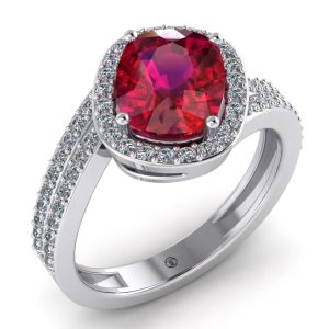 Inel cu rubin forma cushion si diamante din aur stil fahion ES293