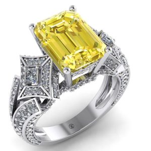 Inel cu safir galben emerald si diamante din aur alb 18k luxury ES279