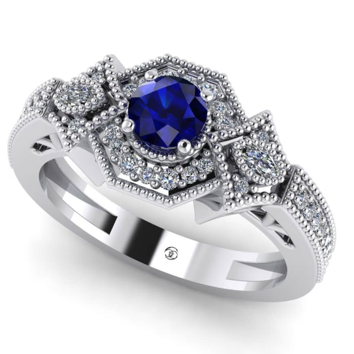 Inel vintage art deco cu safir si diamante aur logodna ES400