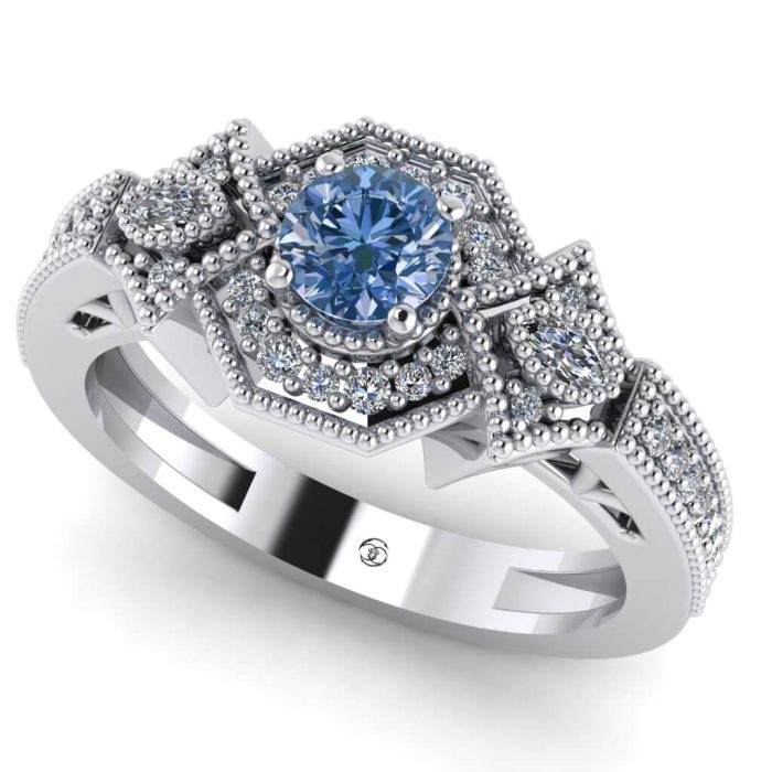 Inel vintage art deco cu diamante si diamant albastru aur alb ES400