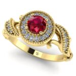 Inel logodna vintage cu rubin AAA 5 mm rotund si diamante incolore din aur ES391