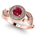 Inel logodna vintage cu rubin AAA 5 mm rotund si diamante secundare 0.30 carate ES391