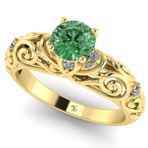 Inel cu diamant verde rotund si diamante albe din aur galben de logodna ES375
