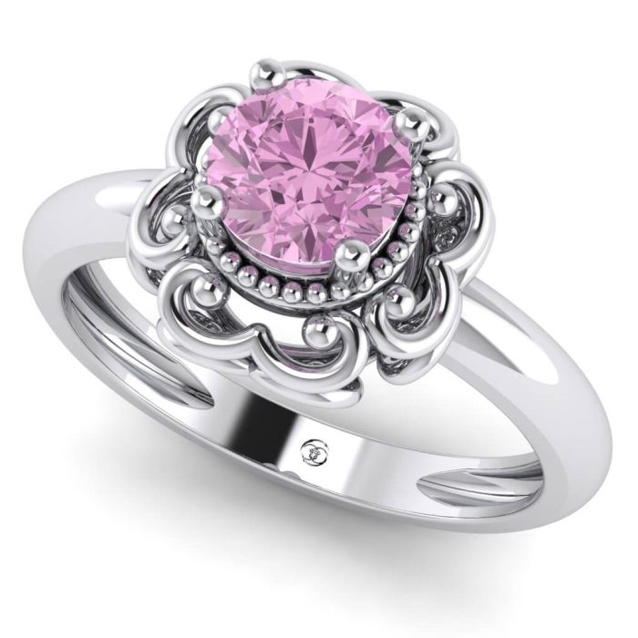 Inel vintage solitaire cu safir roz si diamant roz din aur alb ES288