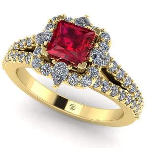 Inel din aur de logodna cu rubin AAA patrat si diamante ES390