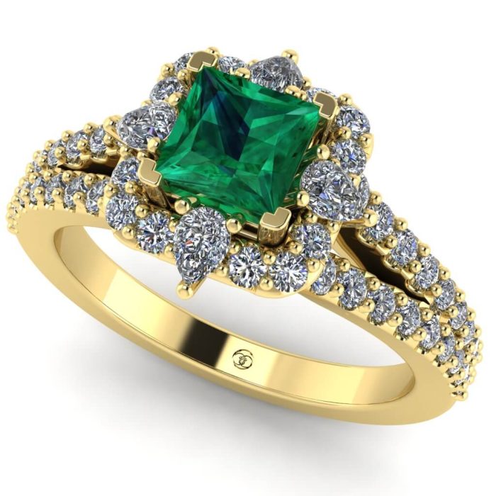 Inel aur anturaj cu smarald patrat si diamante ES390