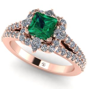 Inel din aur roz anturaj cu smarald patrat si diamante de logodna ES390