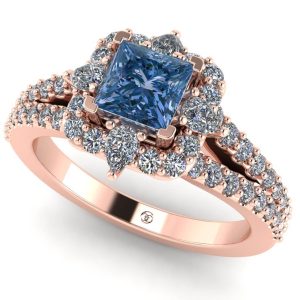 Inel de logodna cu diamant patrat albastru si diamante sec naturale din aur ES390