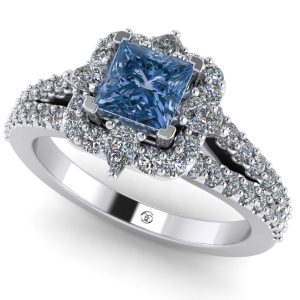 Inel de logodna cu diamant patrat albastru 0.40 ct si diamante din aur ES390