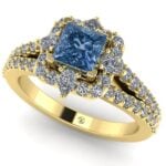 Inel din aur anturaj cu diamant patrat albastru si diamante logodna ES390