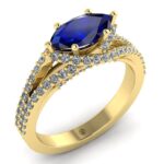 Logodna-Inel cu safir albastru marquise si diamante din aur galben ES312