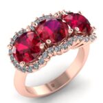 Inel cu 3 rubine naturale si diamante din aur roz 18k de logodna ES268