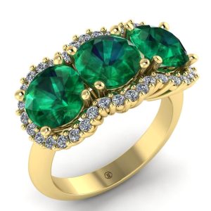 Inel cu 3 smaralde si diamante naturale din aur 14k galben de logodna ES268