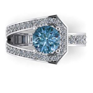 Poza frontala cu inel din aur cu diamant albastru si diamante de logodna ES308