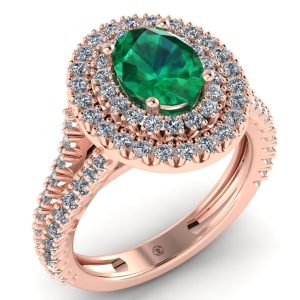 Inel logodna halo dublu cu smarald oval si diamante din aur roz ES281
