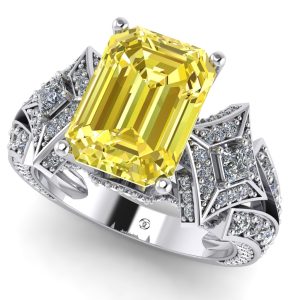 Inel cu safir galben emerald si diamante din aur 18k alb ES279