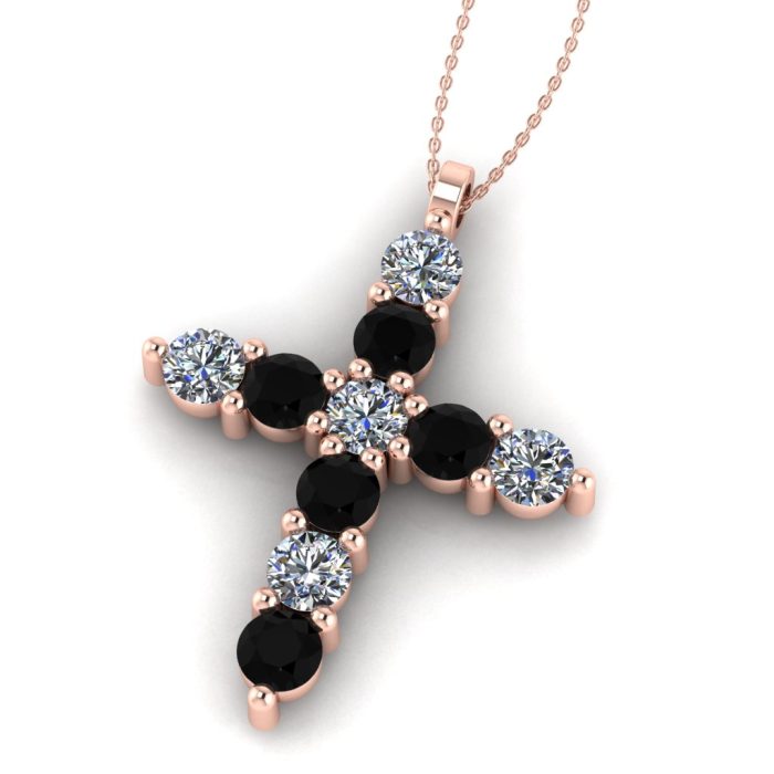 Cruce cu diamante negre si albe 2 mm din aur roz ESCR9