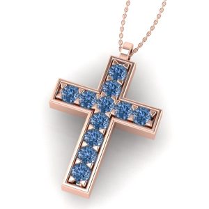 Cruce cu diamante albastre 1.5 mm din aur roz 18k ESCR8