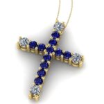 Cruce cu diamante si safire albastre din aur galben ESCR4