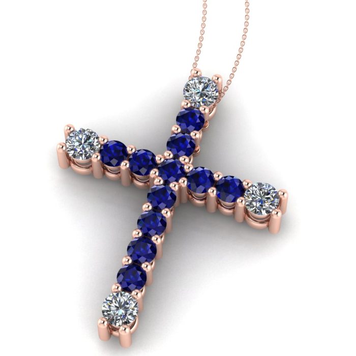 Cruciulita cu diamante si safire din aur roz 18k ESCR4