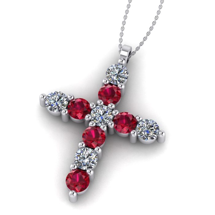 Cruce cu rubine si diamante naturale din aur alb 14k ESCR9
