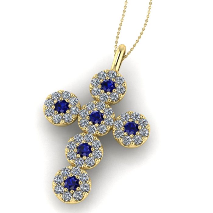 Cruce anturaj cu safire si diamante din aur galben 18k ESCR13