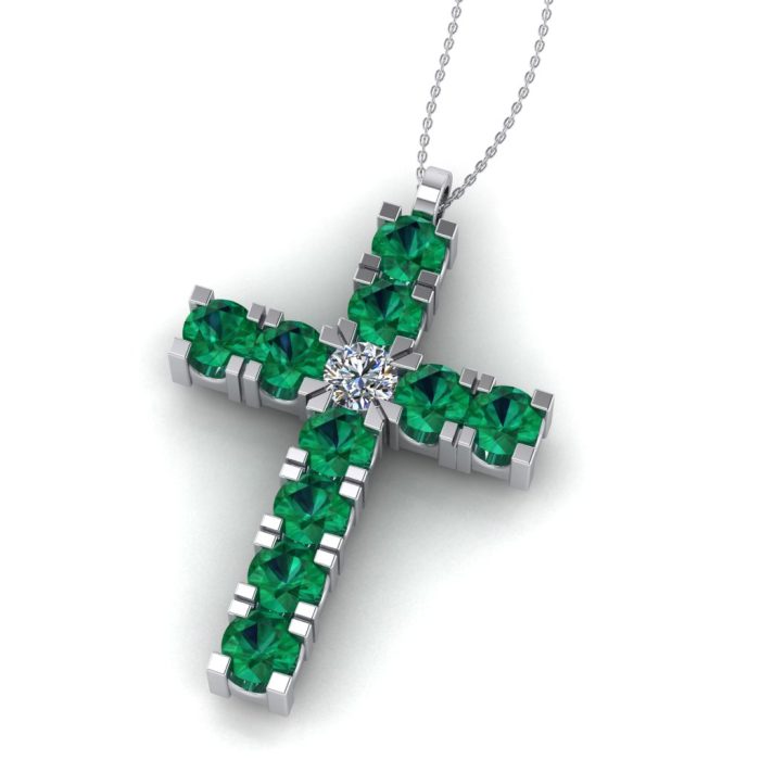 Pandantiv cruce cu smaralde si diamant incolore 2.50 mm aur ESCR6