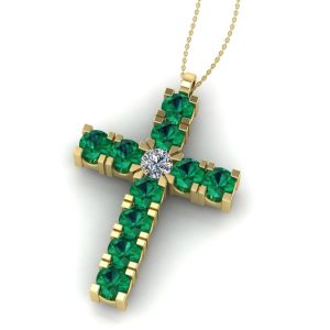 Cruce pandantiv cu smaralde si diamant din aur galben ESCR6