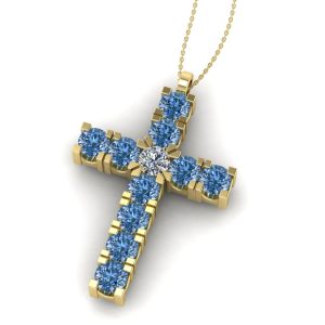 Cruciulita cu diamant albastru si diamant incolor aur ESCR6