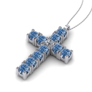 Cruce cu diamant albastru si diamant incolor aur alb ESCR6