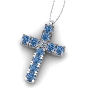 Cruce pandantiv cu diamant albastru si diamant incolor aur ESCR6