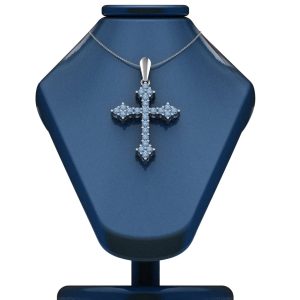 Cruce pe suport din aur alb 18k cu diamante albastre ESCR23