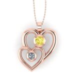 Pandantiv 2 inimi cu diamant galben si alb din aur roz ESP34