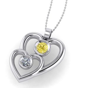 Pandantiv 2 inimi cu diamant galben si incolor din aur alb ESP34