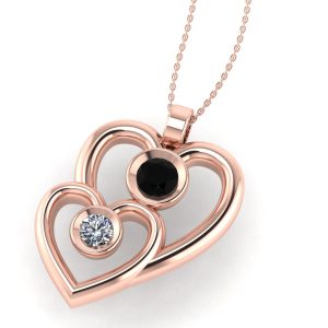 Pandantiv 2 inimi cu diamant alb si diamant negru din aur roz ESP34