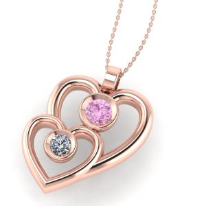 Pandantiv 2 inimi cu diamant roz si alb din aur roz 18k ESP34