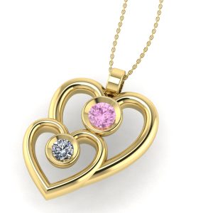 Pandantiv 2 inimi cu diamant roz si alb din aur galben ESP34