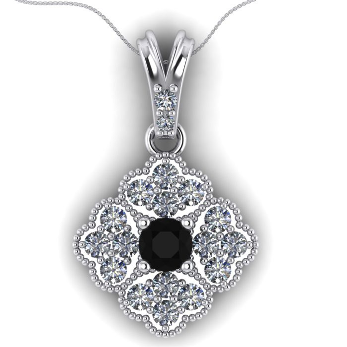 Pandantiv aur alb cu diamant negru si diamante model floare ESP19