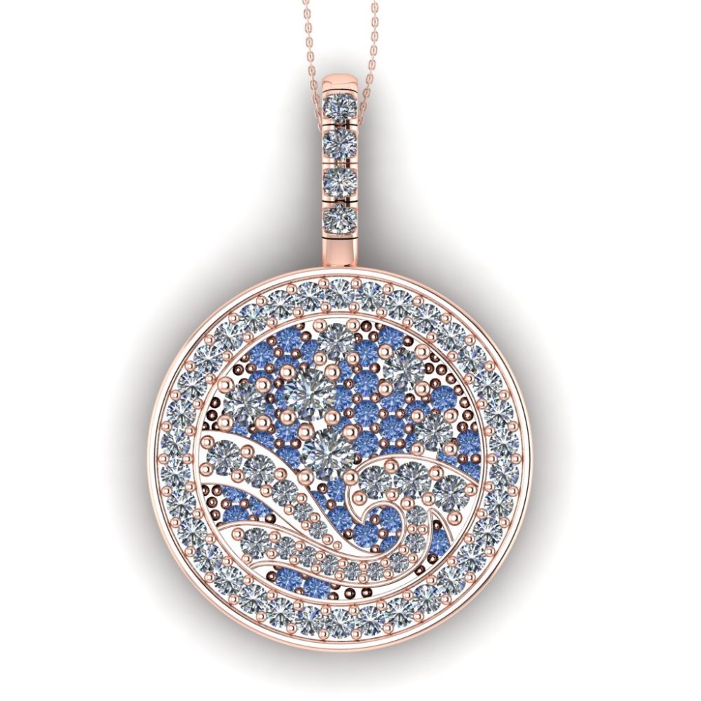 Pandantiv aur roz 18k cu diamante albastre si diamante albe ESP25