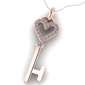 Pandantiv cheie inima cu diamante din aur roz ESP14