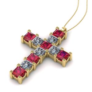Pandantiv cruce cu rubine si diamante patrat aur galben ESCR7