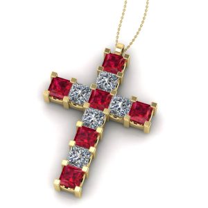 Pandantiv cruce cu rubine si diamante patrat din aur galben ESCR7