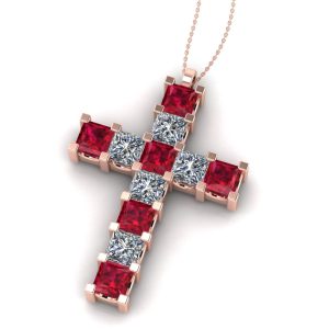 Pandantiv cruce cu rubine si diamante patrat din aur roz ESCR7