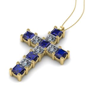 Cruce cu safire albastre si diamante patrat din aur galben ESCR7
