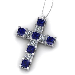 Cruce cu safire albastre si diamante patrat din aur alb ESCR7