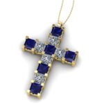 Pandantiv cruce cu safire albastre si diamante patrat din aur galben ESCR7