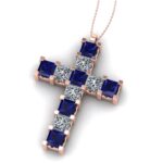 Pandantiv cruce cu safire albastre si diamante patrat din aur roz ESCR7
