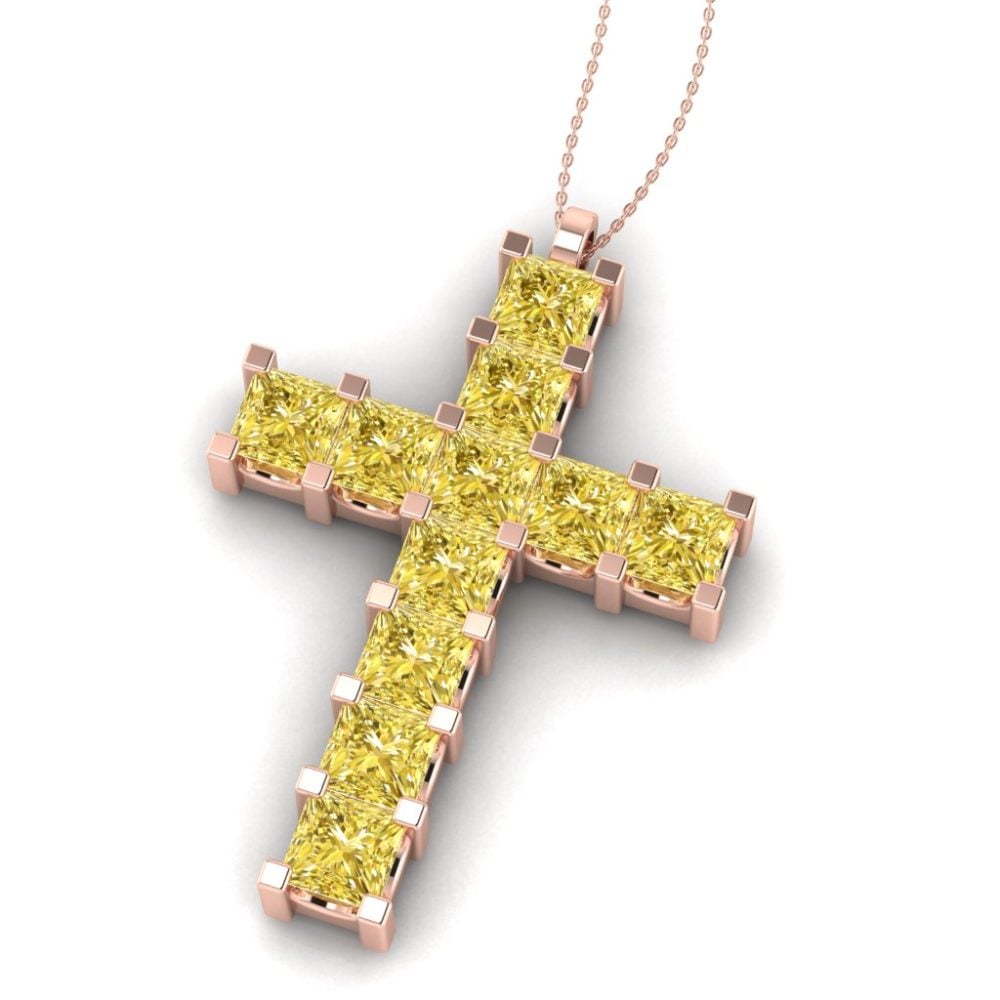 Pandantiv cruce cu diamant galben patrat din aur roz ESCR7