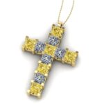 Pandantiv cruce cu diamante galbene si albe patrat din aur galben ESCR7